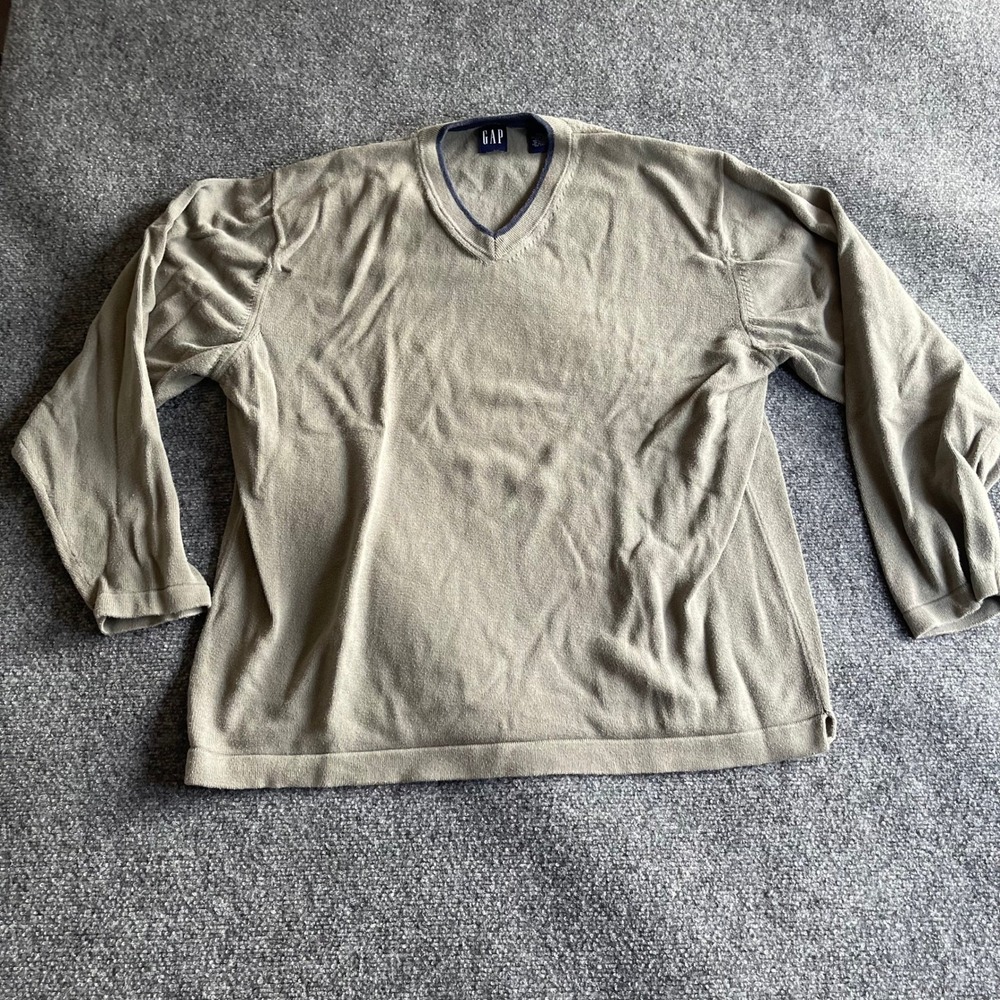 Gap Mens XXL V-Neck Cotton‎ Sweater Olive Green Khaki Navy Trim Pullover 433